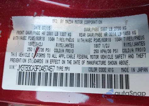 2015 Mazda Cx-9 Touring from USA, damaged, VIN JM3TB3CA3F0467457